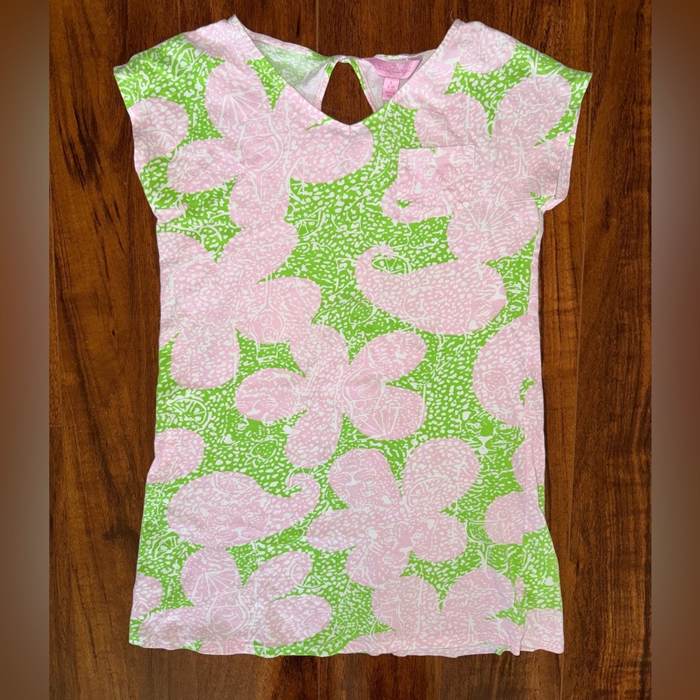 Lilly Pulitzer Girls Size L 8/10 Pink Green Floral Tunic Dress Keyhole Back
